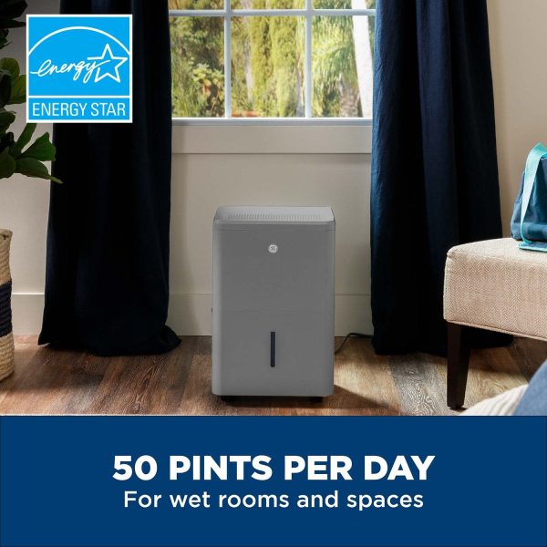 GE 50 Pint Portable Large Room Dehumidifier with Humidistat, Gray, Refurbished on Sale